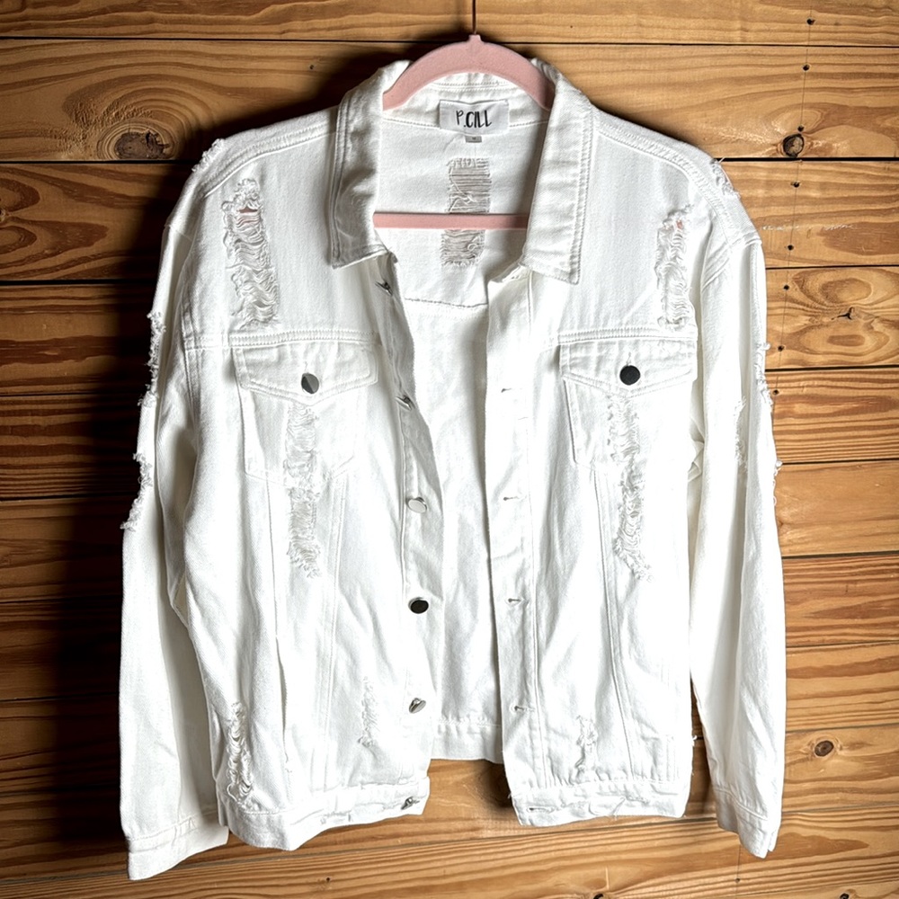 P. Cill size medium distressed white jacket 100% cotton button up